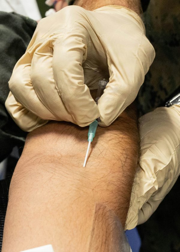 Prélèvement de sang et bilan de santé à la Clinique Synergek. Infirmière clinicienne effectuant un prélèvement sanguin au bras d'un patient - Clinique Synergek